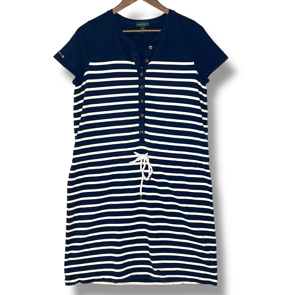Lauren Ralph Lauren Navy and White Striped Henley Drawstring Dress